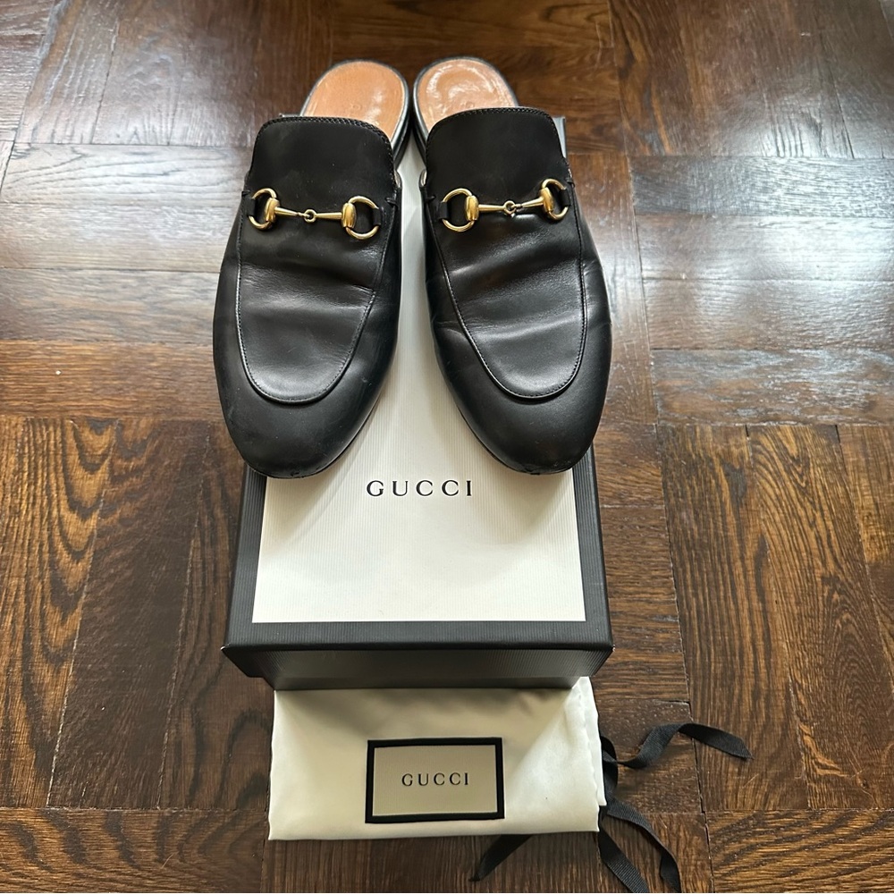 GUCCI PRINCETOWN BLACK LEATHER MULE SLIDES - SIZE 39.5
